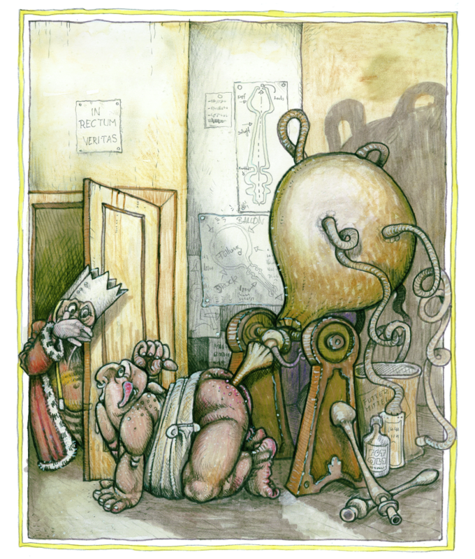 Illustration Holger Much König Hans schaut in das Zimmer seines Lachbarn. Was er sieht, ist nicht appetitlich.