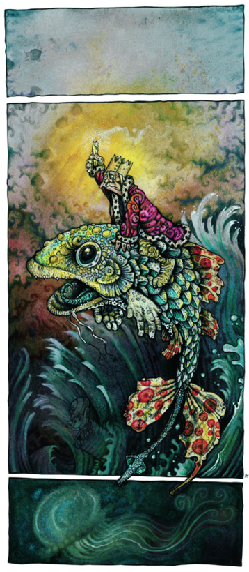 Illustration Holger Much König Hans reitet, eine Kerze in der erhobenen Hand, auf einem altertümlich bizarrem Fisch.